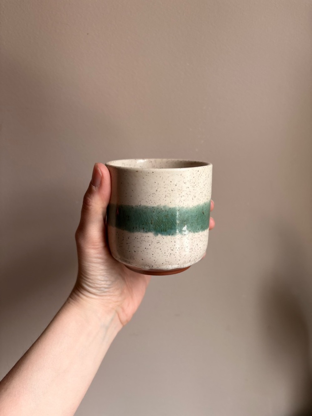 Handmade Speckled Ceramic Cup with Green Stripe, unique multipurpose item